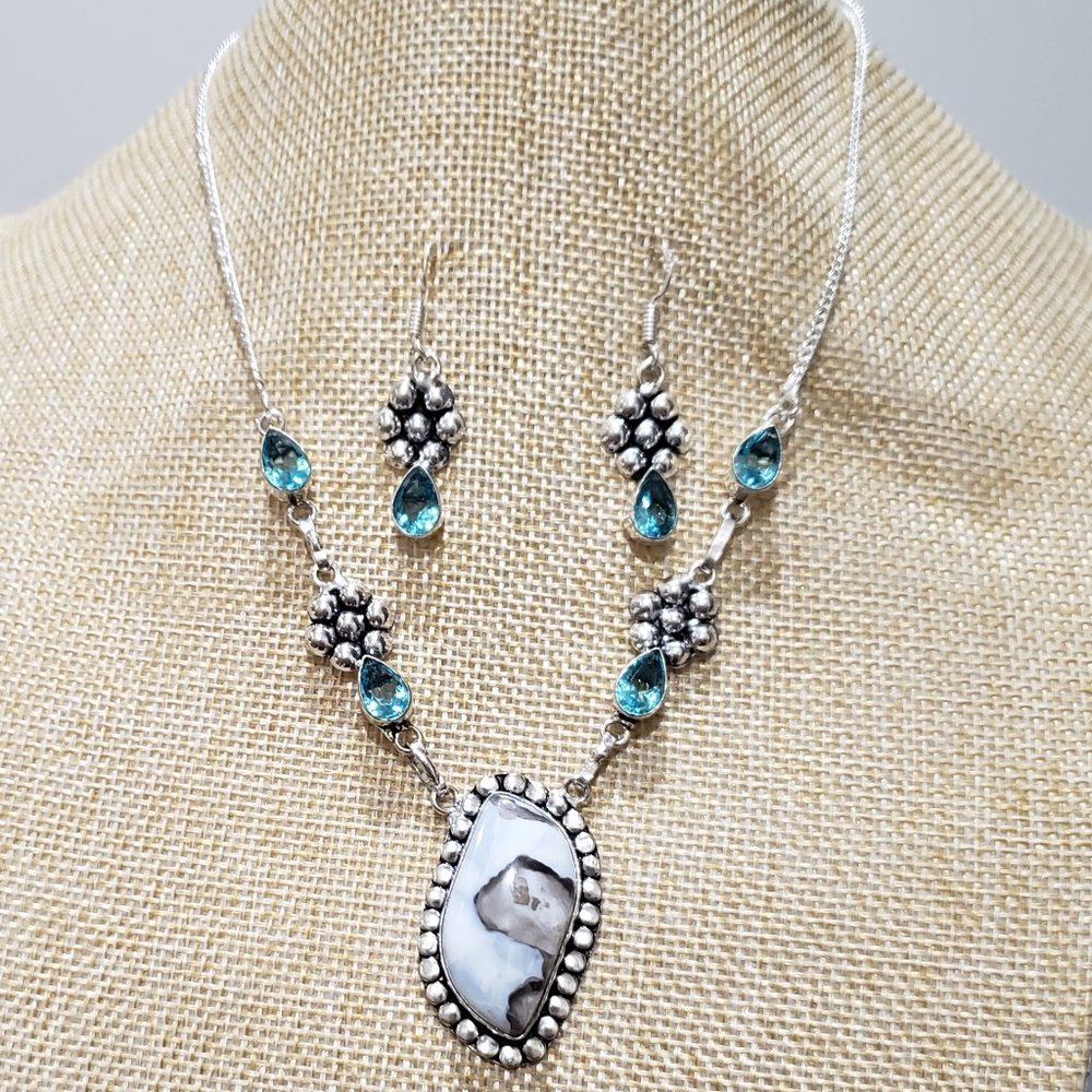 Blue topaz necklace, topaz opal necklace set, 925 silver topaz necklace set